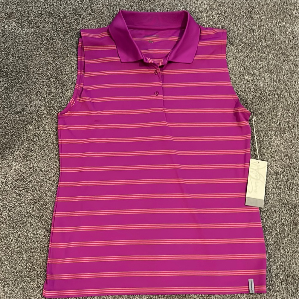 Maggie Lane Womens Sleeveless Striped Golf Polo